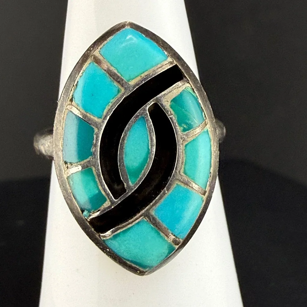 Vintage Signed Inlay Marquise Ring Turquoise Black Geometric Southwest 5.5